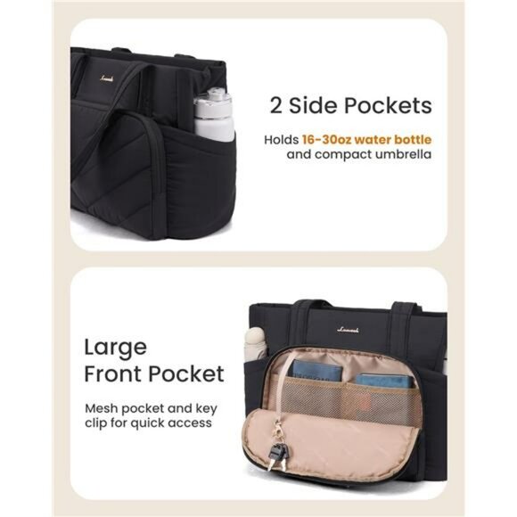 Womens Quilted Puffer Tote Bag Large Work Travel Nurse Bag with Zipper Pockets - Picture 2 of 7